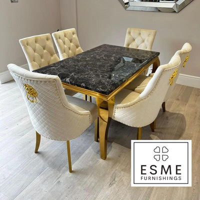 Louis Marble & Gold Dining Table With Gold Quilted Lion Knocker Velvet Chairs