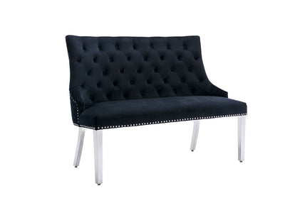 Majestic Lion Knocker Quilted High Back Black Plush Velvet 130cm Dining Bench