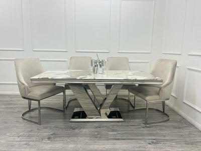 Cello 180cm Marble & Chrome Dining Table With Carlton Beige/Chrome Velvet Chairs
