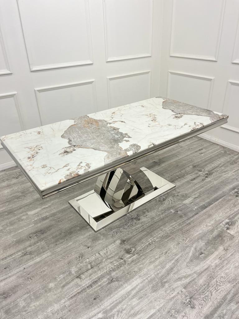 Ottavia 180cm Marble & Chrome Dining Table With Carlton Beige/Chrome Velvet Chairs