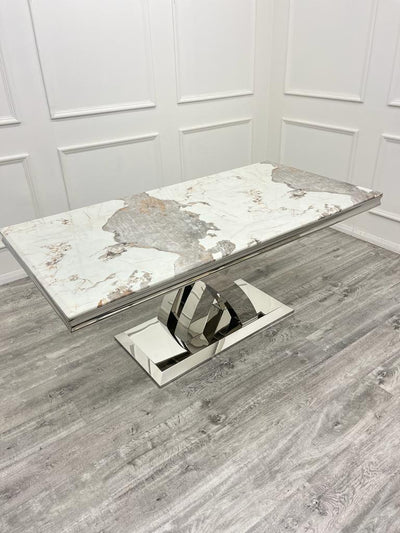 Ottavia 180cm Marble & Chrome Dining Table With Carlton Beige/Chrome Velvet Chairs