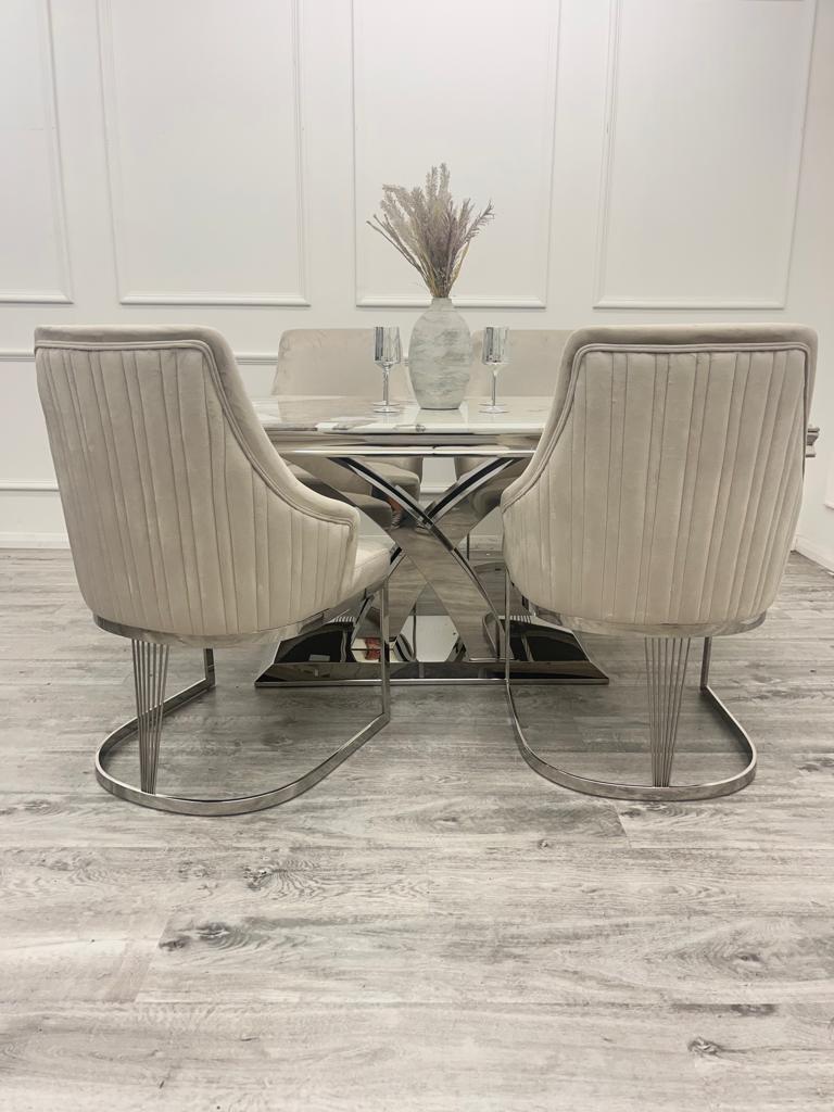 Ottavia 180cm Marble & Chrome Dining Table With Carlton Beige/Chrome Velvet Chairs