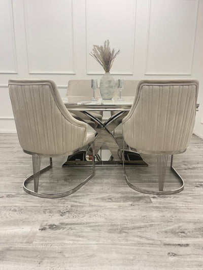 Ottavia 180cm Marble & Chrome Dining Table With Carlton Beige/Chrome Velvet Chairs