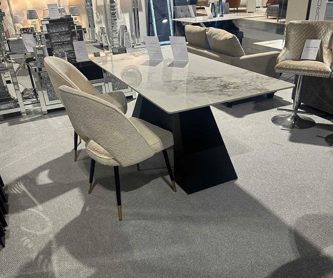 Roma 180cm White Ceramic Marble Dining Table + Cream Boucle Velvet Chairs