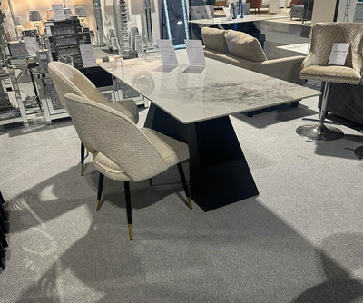 Roma 180cm White Ceramic Marble Dining Table + Cream Boucle Velvet Chairs