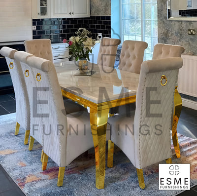 Louis Marble & Gold Dining Table With Lucy Quilted Gold Ring Knocker Velvet Chairs