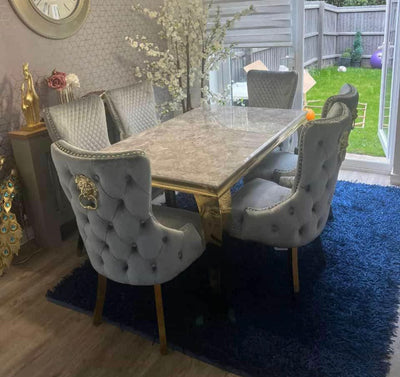 Louis Grey Gold Marble Dining Table With Victoria Shimmer Velvet Lion Knocker Velvet Chairs
