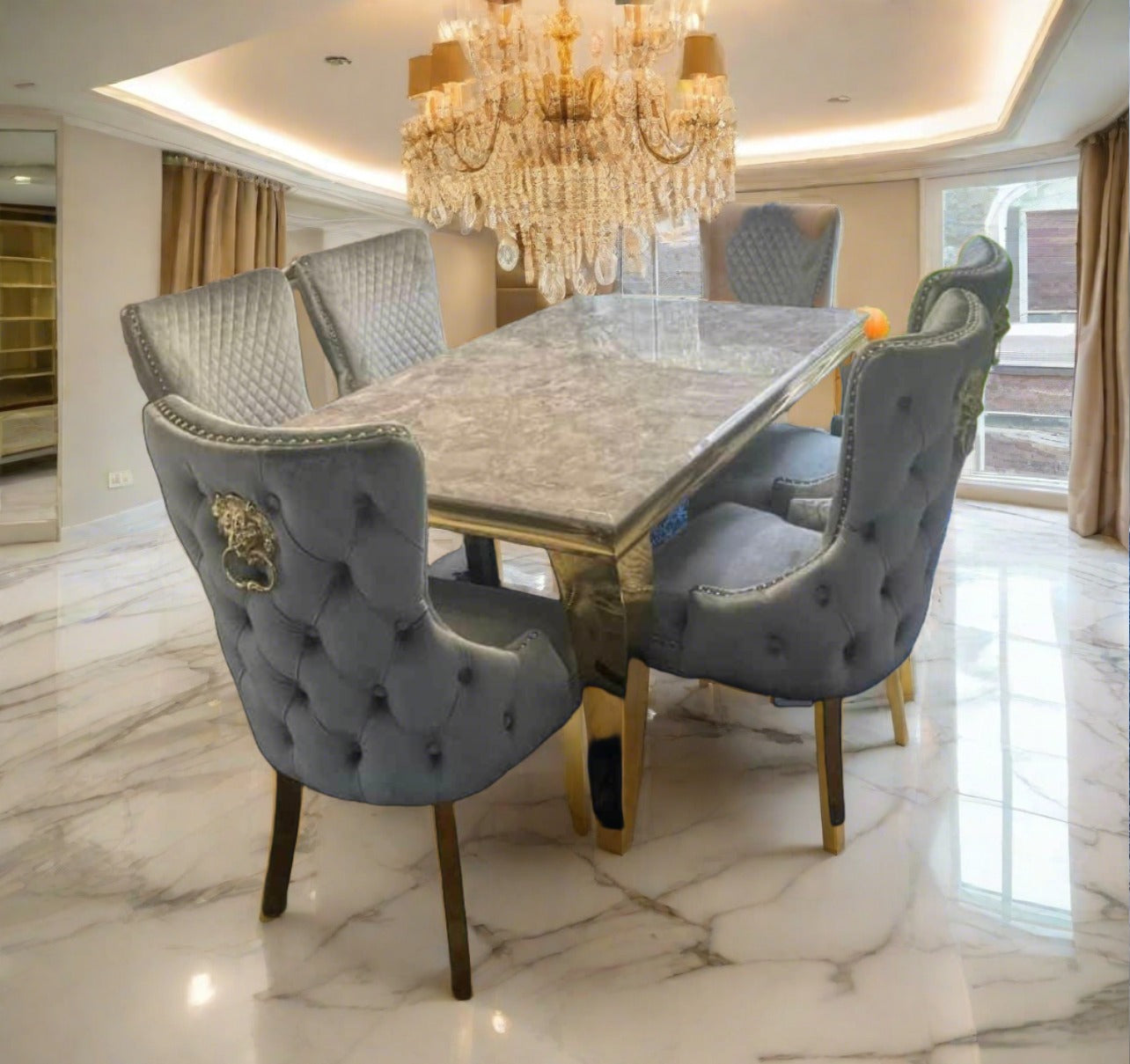 Louis Grey Gold Marble Dining Table With Victoria Shimmer Velvet Lion Knocker Velvet Chairs