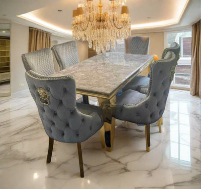 Louis Grey Gold Marble Dining Table With Victoria Shimmer Velvet Lion Knocker Velvet Chairs