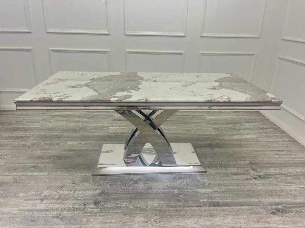 Ottavia 180cm Marble & Chrome Dining Table With Carlton Beige/Chrome Velvet Chairs