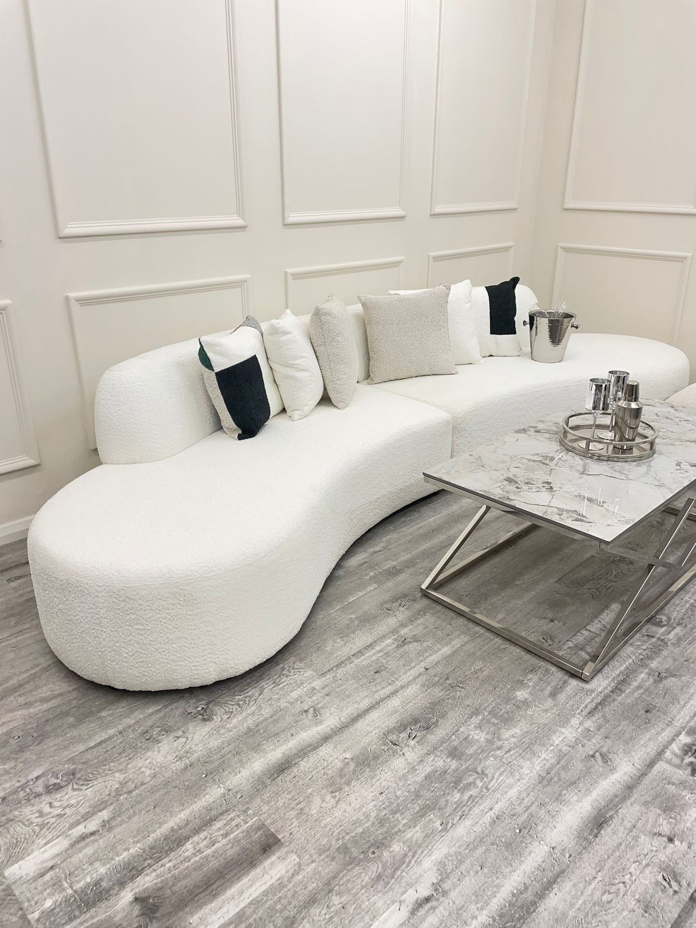 The Storm Boucle Premium Curved Sofa White Boucle Fabric