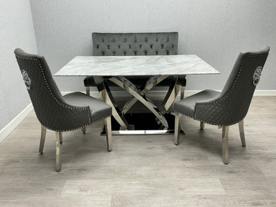 Amara 180cm Grey Marble & Chrome Dining Table With Majestic PU Leather Lion Knocker Dining Chairs