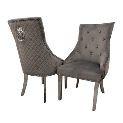 Louis 160cm Marble & Chrome Dining Table With Quilted Lion Knocker Velvet Chairs
