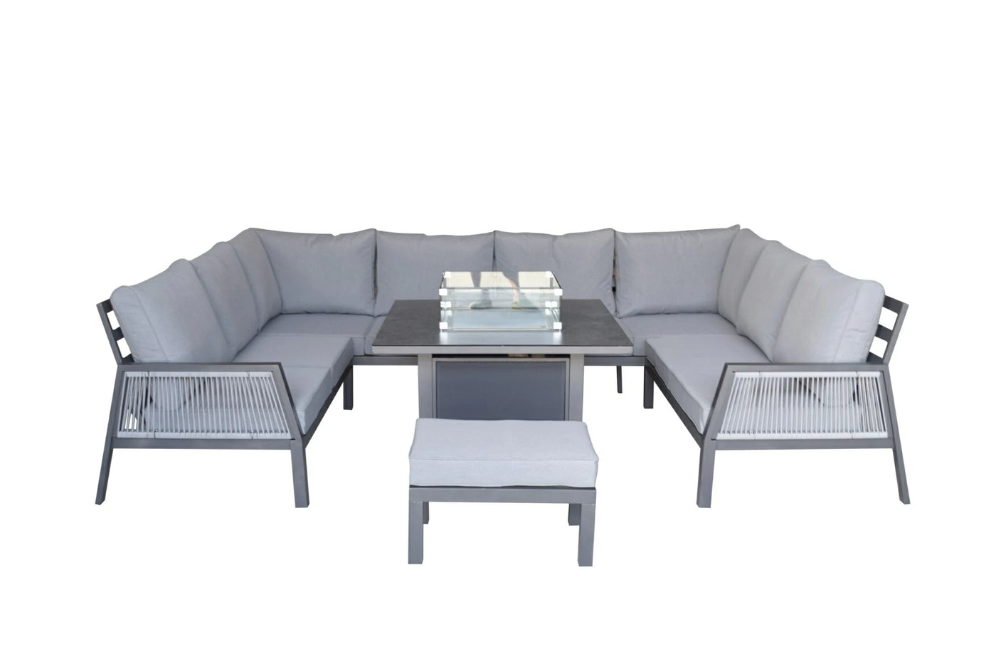 Boxley Outdoor U Shape Grey Garden Sofa Set with Gas Fire Pit Table Powder Coat
