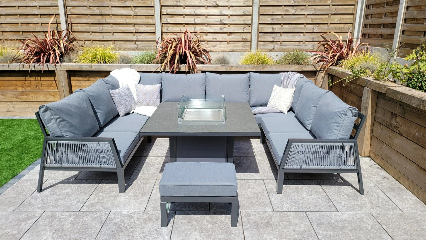 Boxley Outdoor U Shape Grey Garden Sofa Set with Gas Fire Pit Table Powder Coat