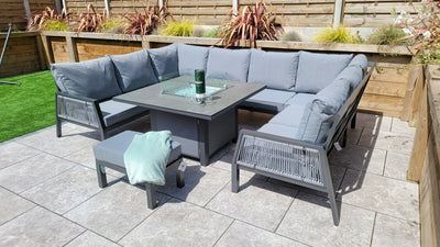 Boxley Outdoor U Shape Grey Garden Sofa Set with Gas Fire Pit Table Powder Coat