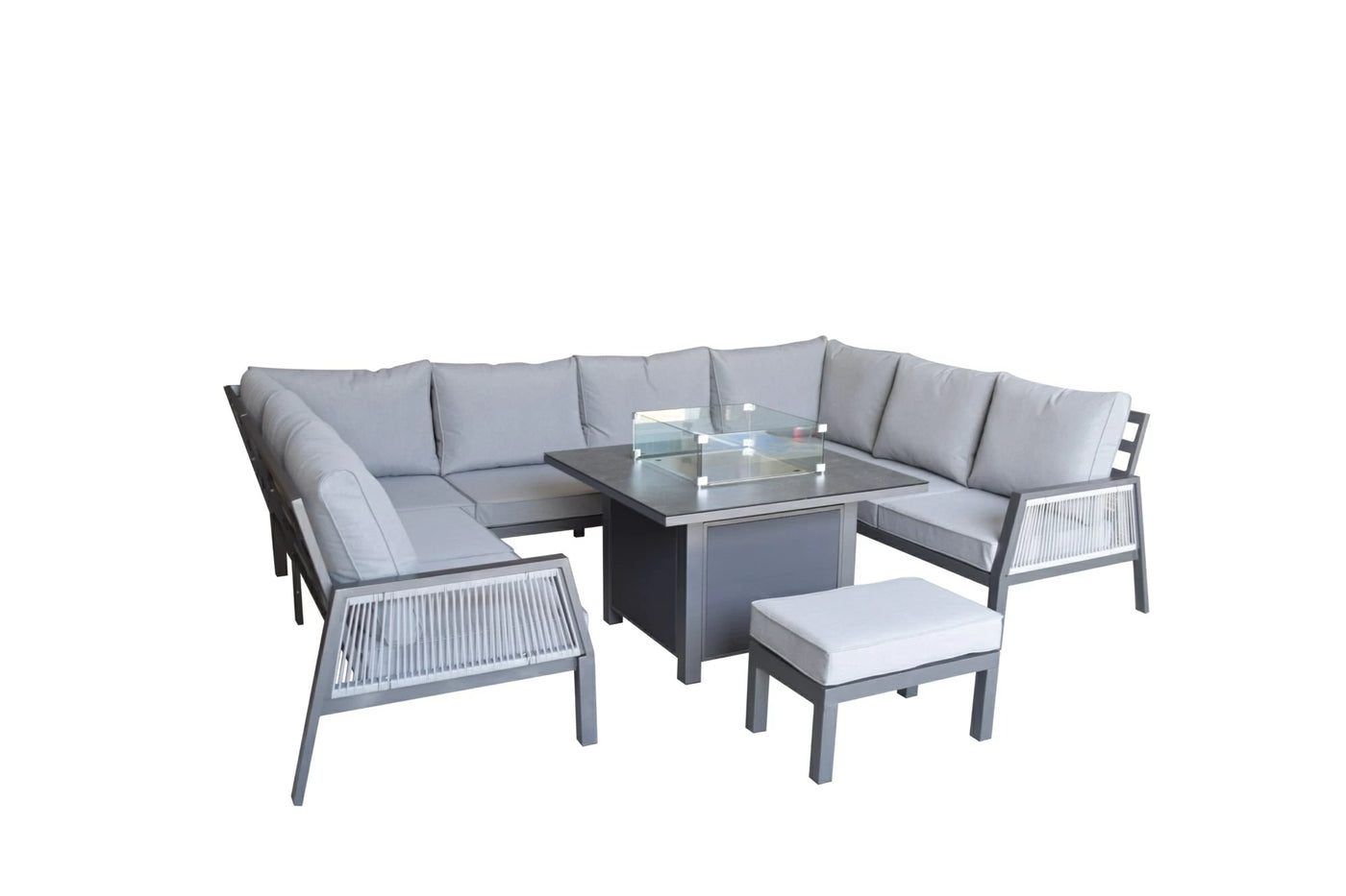 Boxley Outdoor U Shape Grey Garden Sofa Set with Gas Fire Pit Table Powder Coat