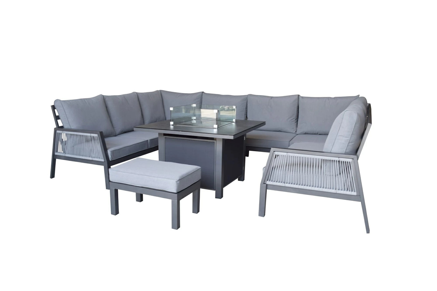 Boxley Outdoor U Shape Grey Garden Sofa Set with Gas Fire Pit Table Powder Coat
