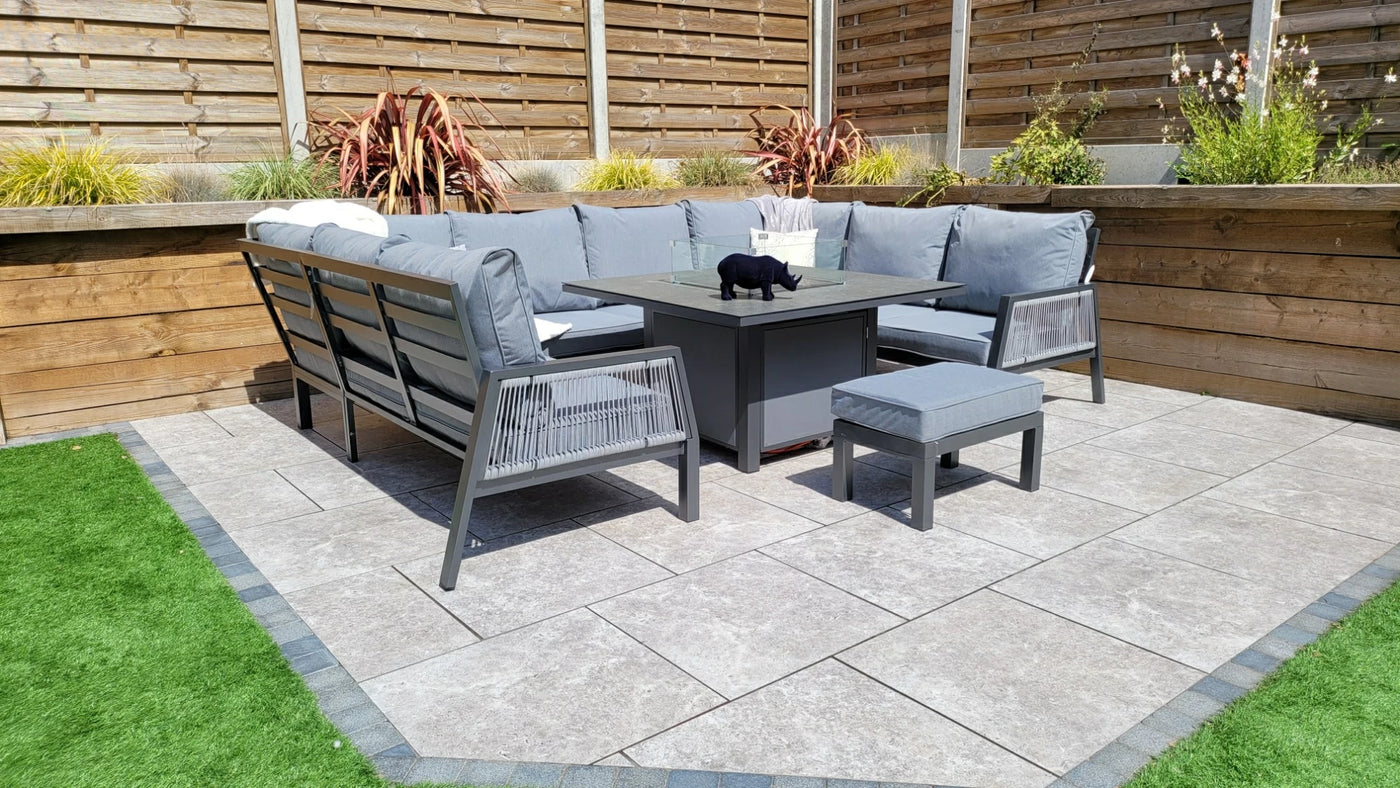 Boxley Outdoor U Shape Grey Garden Sofa Set with Gas Fire Pit Table Powder Coat