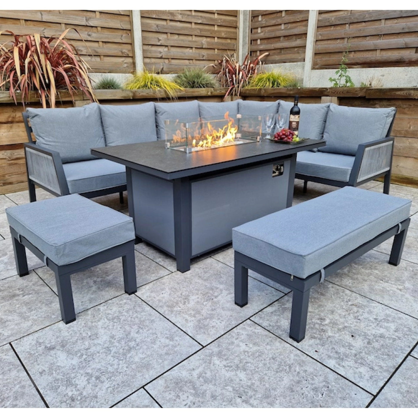 Boxley Outdoor Corner Grey Garden Sofa Set with Gas Fire Pit Table Powder Coat