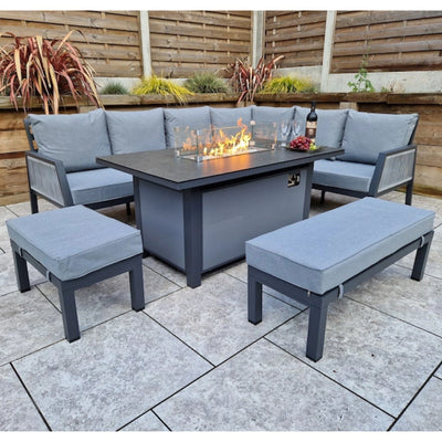 Boxley Outdoor Corner Grey Garden Sofa Set with Gas Fire Pit Table Powder Coat