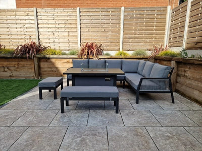 Boxley Outdoor Corner Grey Garden Sofa Set with Gas Fire Pit Table Powder Coat