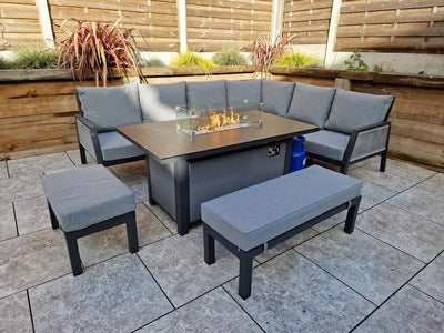 Boxley Outdoor Corner Grey Garden Sofa Set with Gas Fire Pit Table Powder Coat