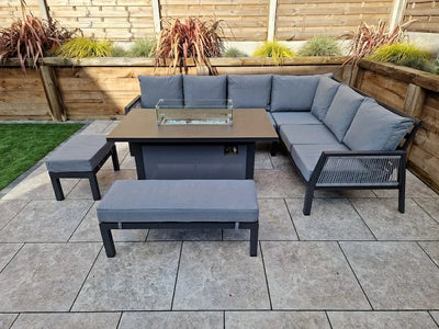 Boxley Outdoor Corner Grey Garden Sofa Set with Gas Fire Pit Table Powder Coat