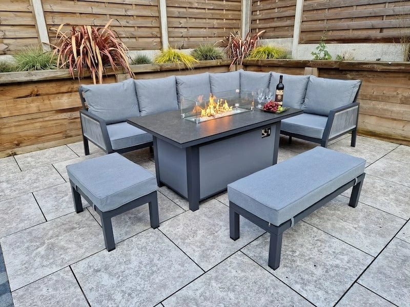 Boxley Outdoor Corner Grey Garden Sofa Set with Gas Fire Pit Table Powder Coat