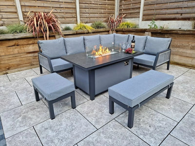 Boxley Outdoor Corner Grey Garden Sofa Set with Gas Fire Pit Table Powder Coat