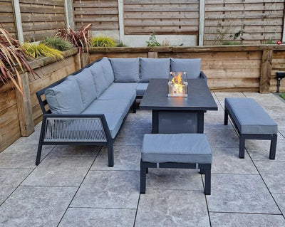 Boxley Outdoor Corner Grey Garden Sofa Set with Gas Fire Pit Table Powder Coat