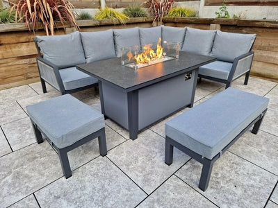 Boxley Outdoor Corner Grey Garden Sofa Set with Gas Fire Pit Table Powder Coat