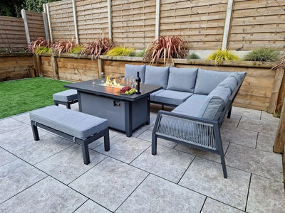 Boxley Outdoor Corner Grey Garden Sofa Set with Gas Fire Pit Table Powder Coat