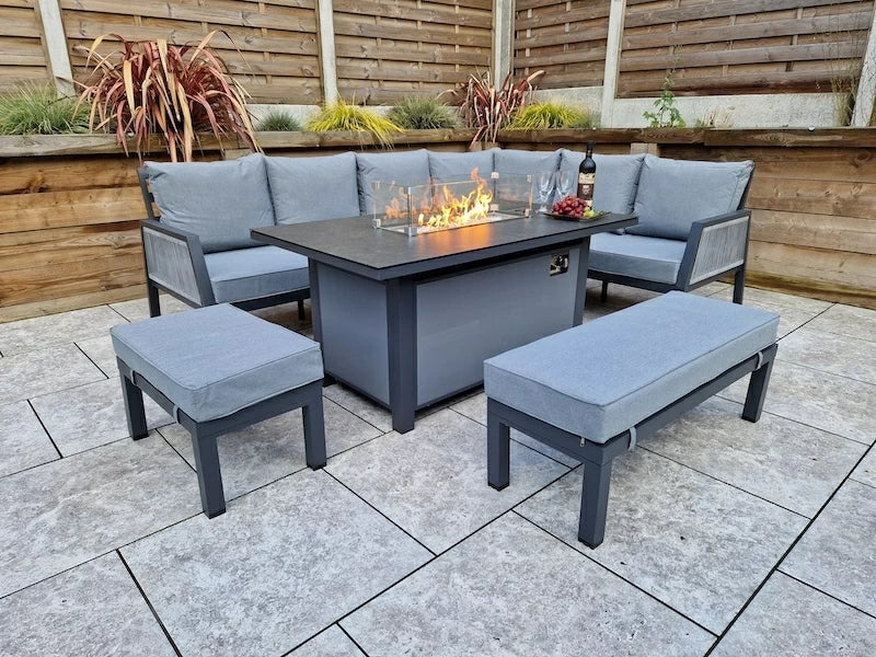 Boxley Outdoor Corner Grey Garden Sofa Set with Gas Fire Pit Table Powder Coat