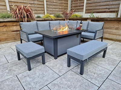 Boxley Outdoor Corner Grey Garden Sofa Set with Gas Fire Pit Table Powder Coat