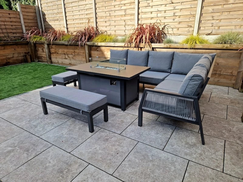 Boxley Outdoor Corner Grey Garden Sofa Set with Gas Fire Pit Table Powder Coat