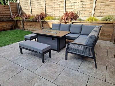 Boxley Outdoor Corner Grey Garden Sofa Set with Gas Fire Pit Table Powder Coat