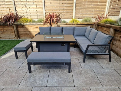 Boxley Outdoor Corner Grey Garden Sofa Set with Gas Fire Pit Table Powder Coat