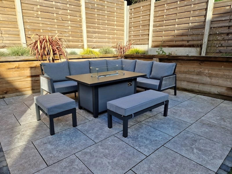 Boxley Outdoor Corner Grey Garden Sofa Set with Gas Fire Pit Table Powder Coat