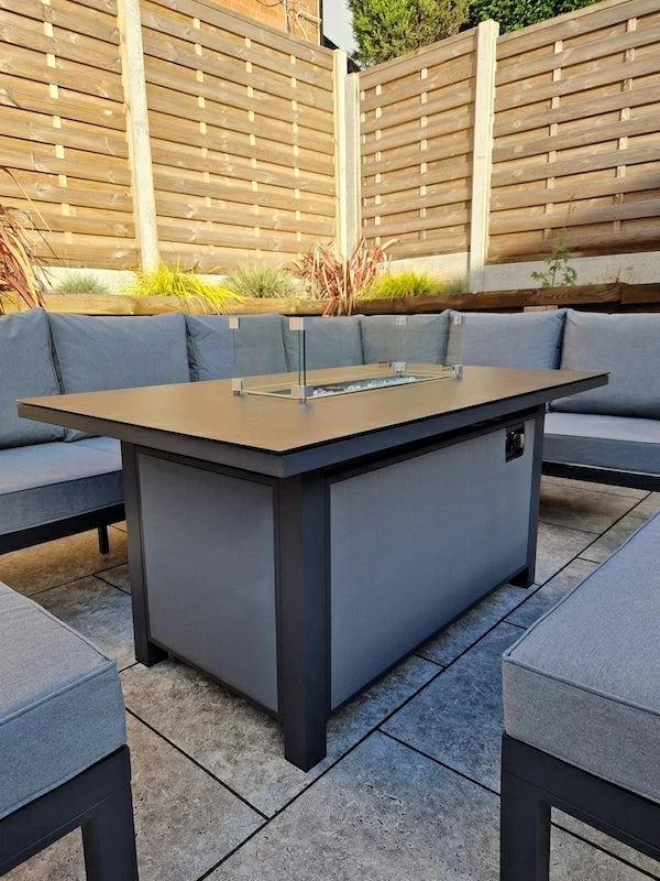 Boxley Outdoor Corner Grey Garden Sofa Set with Gas Fire Pit Table Powder Coat