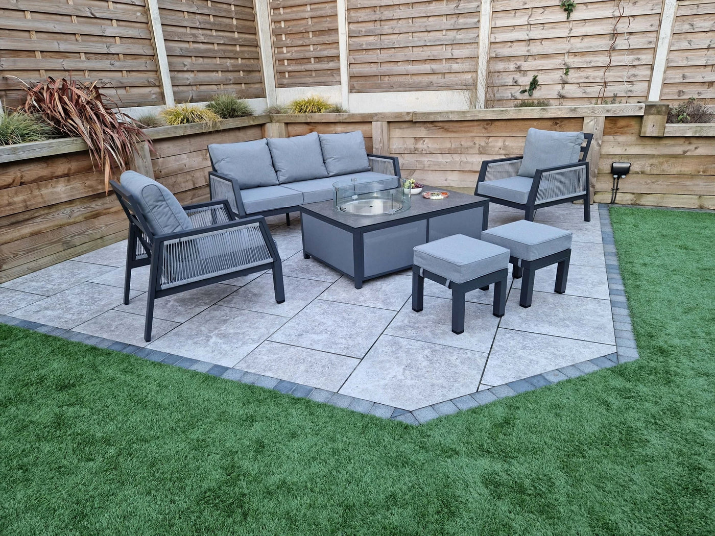 Boxley Outdoor Garden Grey Sofa, 2 Chairs & Gas Fire Pit Table Powder Coat