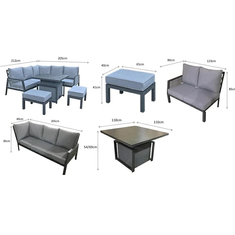 Boxley Outdoor Corner Grey Garden Sofa Set with Gas Fire Pit Table Powder Coat
