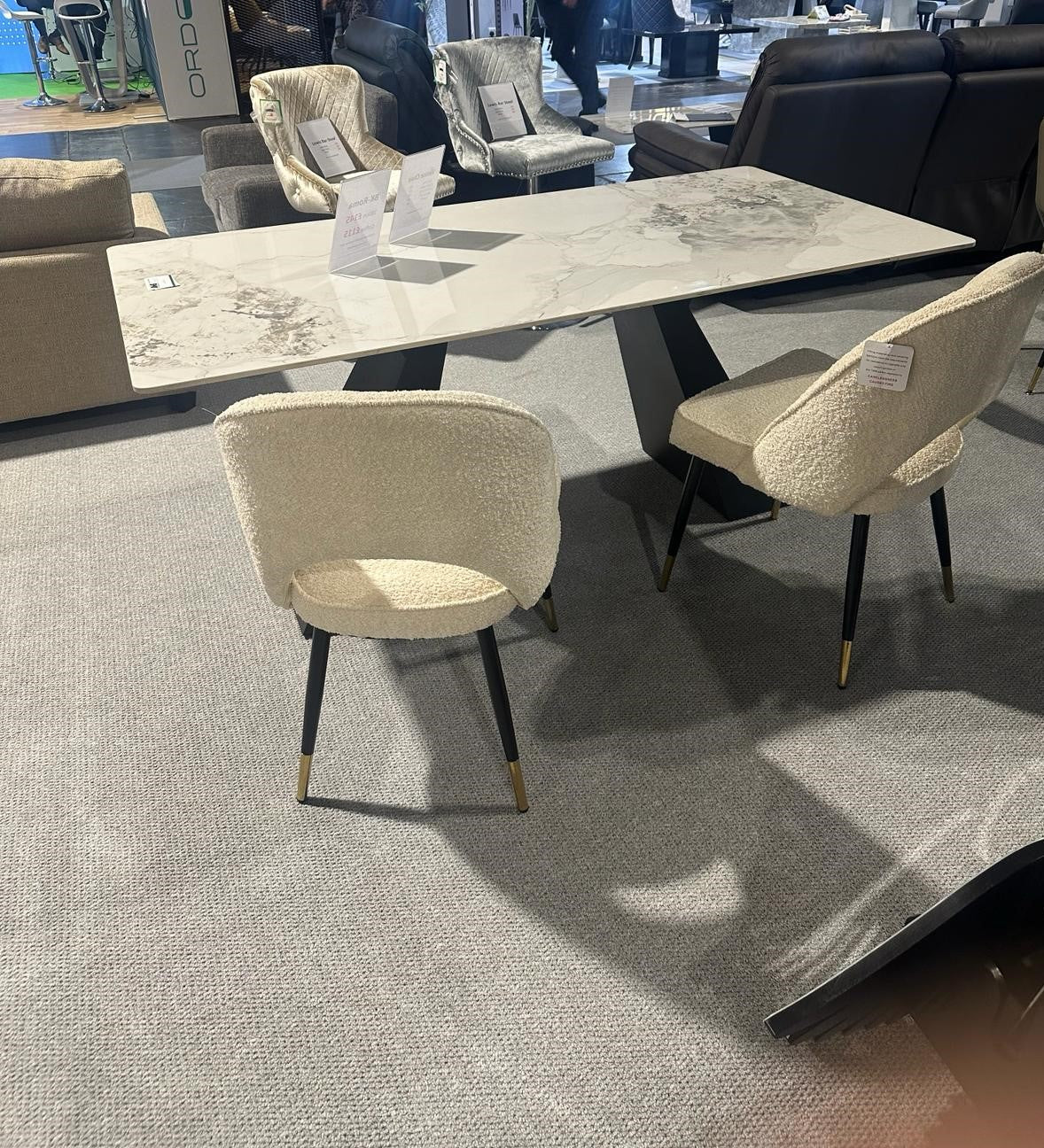 Roma 180cm White Ceramic Marble Dining Table + Cream Boucle Velvet Chairs