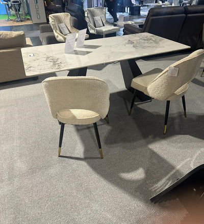Roma 180cm White Ceramic Marble Dining Table + Cream Boucle Velvet Chairs