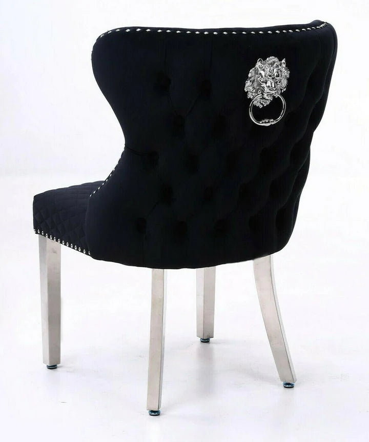 Arianna Marble & Chrome Dining Table With Valentino Lion Knocker Velvet Chairs