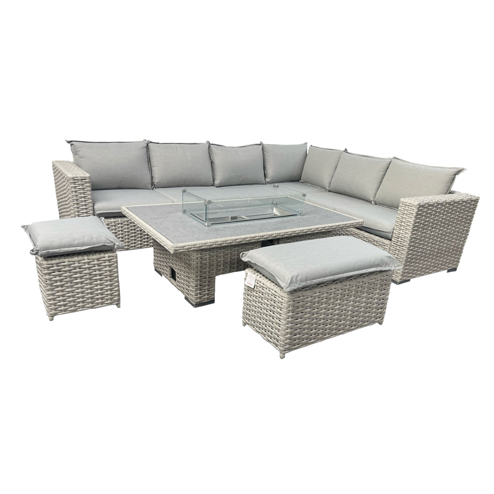 Bella Grey Garden Corner Sofa Outdoor Fire Pit Set Table & Cushion Set