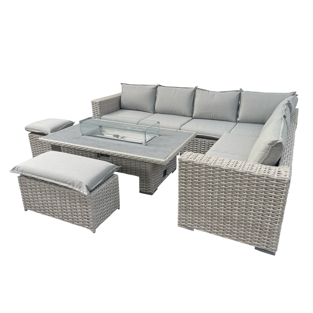Bella Grey Garden Corner Sofa Outdoor Fire Pit Set Table & Cushion Set