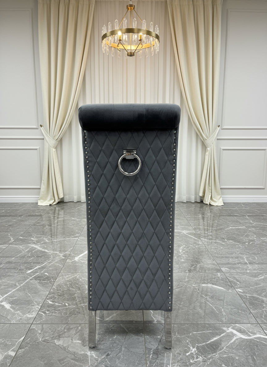 Louis Marble & Chrome Dining Table With Lucy Slim Quilted Ring Knocker Grey Velvet Chairs