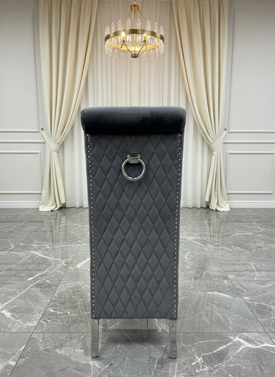 Louis Marble & Chrome Dining Table With Lucy Slim Quilted Ring Knocker Grey Velvet Chairs
