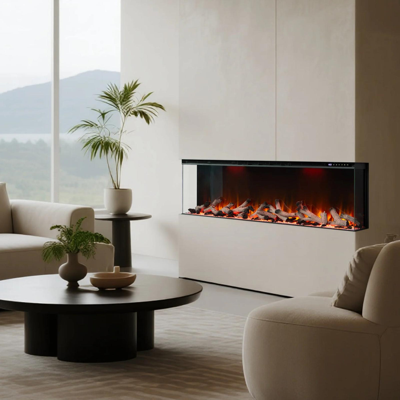 50 60 72 80 Inch 2025 Panoramic Smart Alexa Media Wall Fire 3 Sided Glass LED WiFi Electric UHD Fireplace